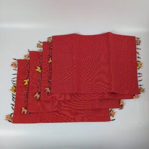 Pier 1 Imports Red Beaded Wood Animal Trimmed Cotton Placemats Set of 4